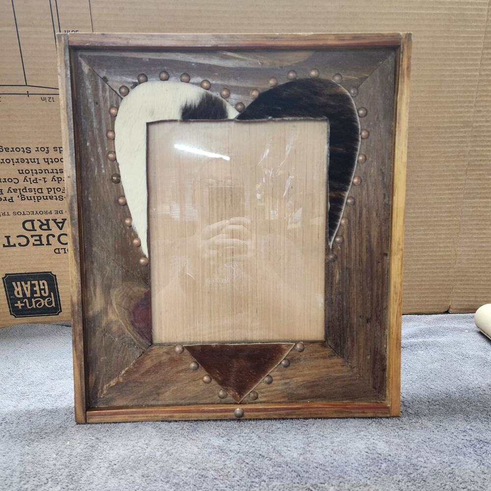 Large wooden heart cowhide picture Frame 8x10 opening 14.5x17 total size W
